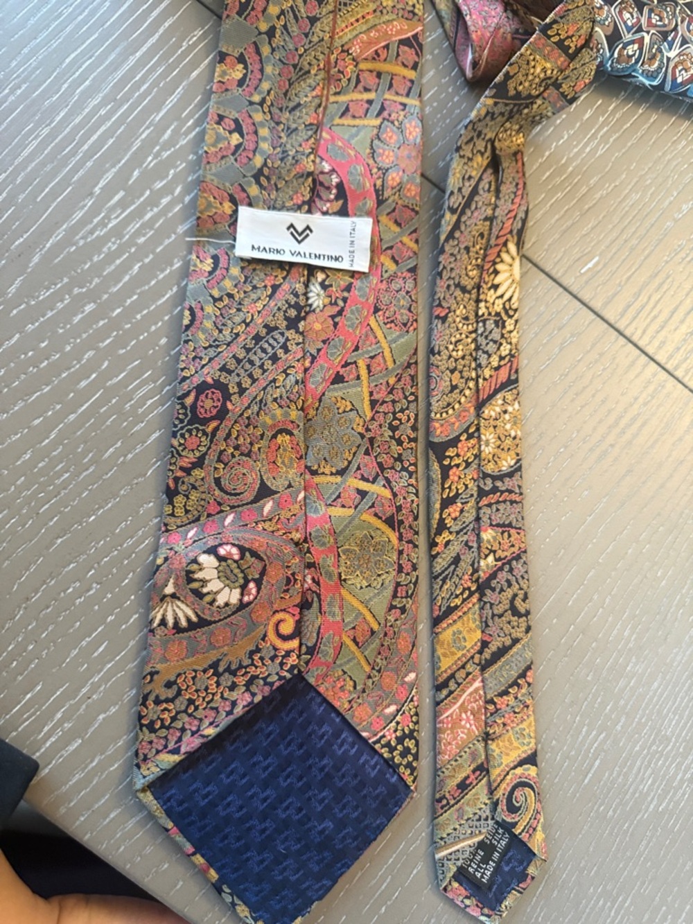 Mario Valentino Paisley Silk Tie in Navy, Gold, Pink, and Green
